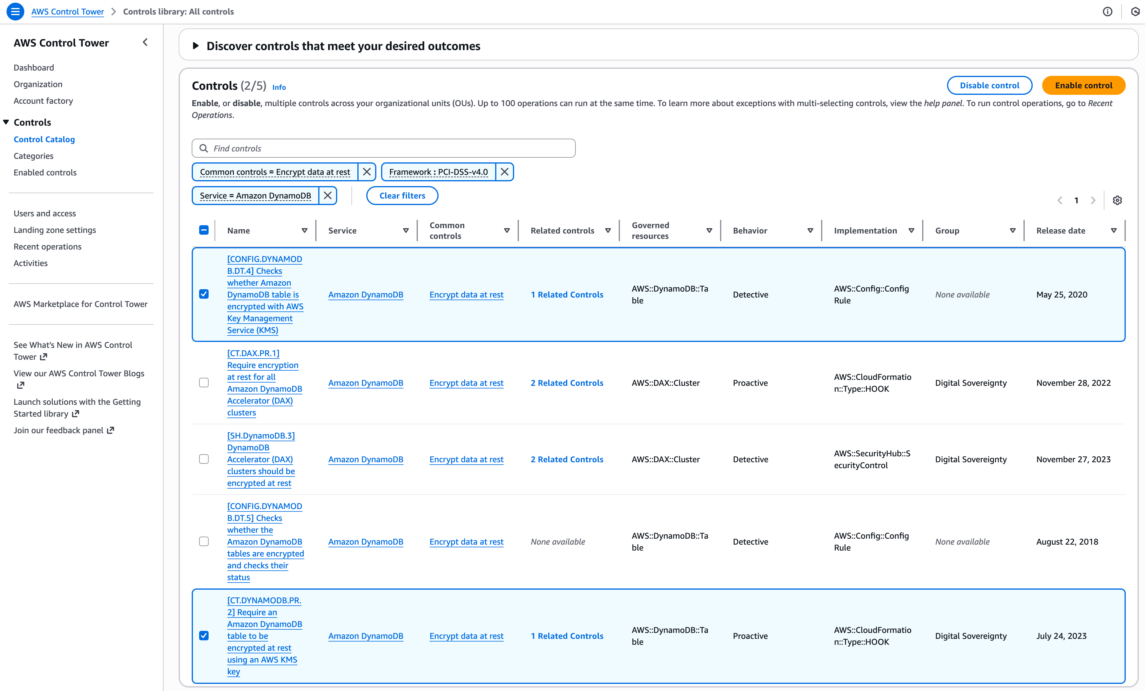 AWS Control Tower’s Control Catalog displaying both proactive and detective DynamoDB encryption controls selected for deployment