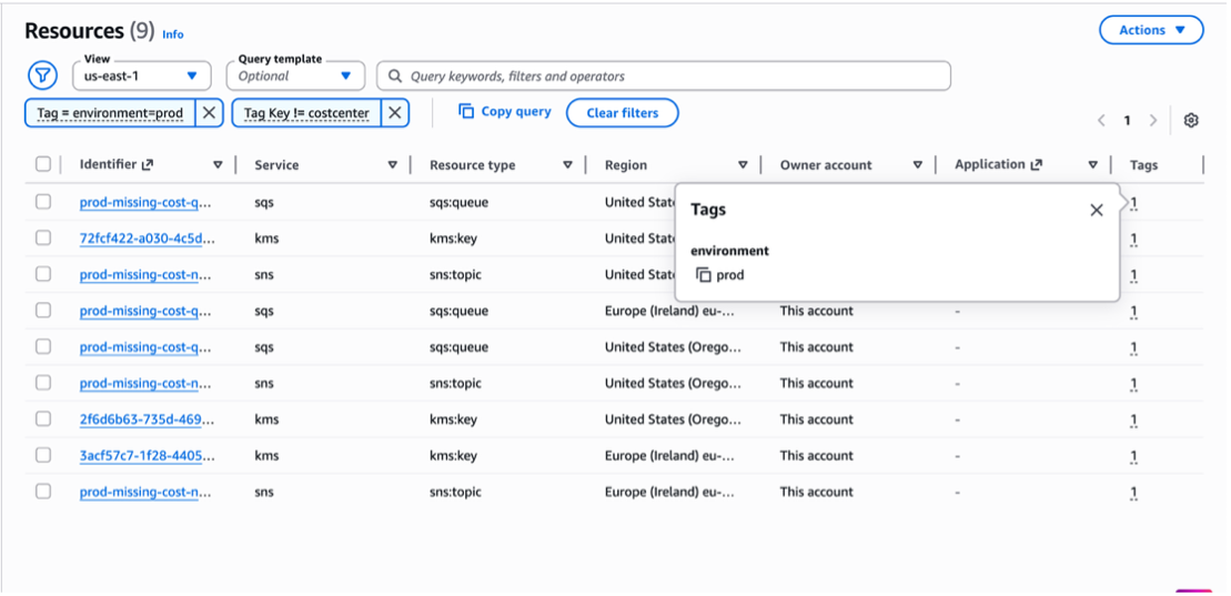 Figure 3. Search for resources that have the tag environment = prod and are missing the Tag Key= costCenter.