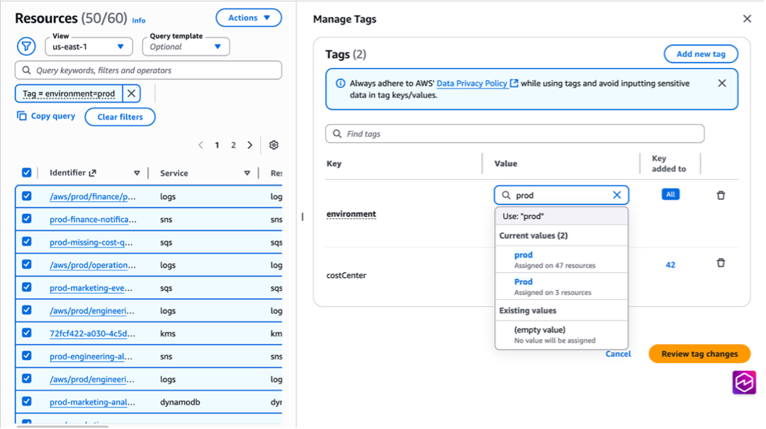 Figure 7. Select the lowercase prod value to normalize the tag across your resources.