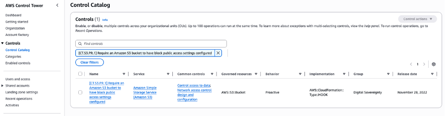 Figure 1- Control Catalog page with filtered result for CT.S3.PR.1 control
