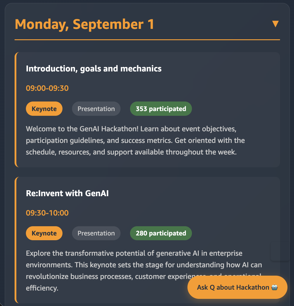 Hackathon agenda for Monday September 1 showing two keynote sessions: Introduction, goals and mechanics (09:00-09:30, 353 participants) and Re:Invent with GenAI (09:30-10:00, 280 participants), with Ask Q about Hackathon button in bottom right