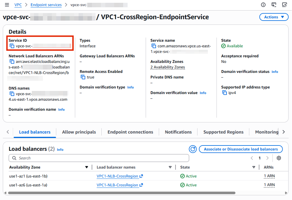 Figure 2 – VPC Endpoint service in us-east-1 with Network Load Balancer