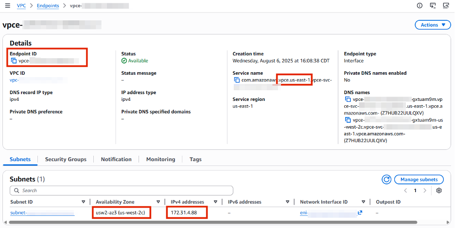 Figure 3 – VPC Interface Endpoint in us-west-2 connected to VPC Endpoint service in us-east-1