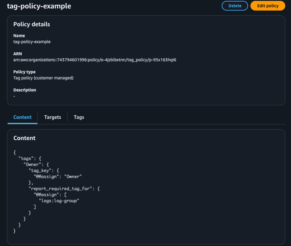 Screenshot showing tag policy with policy details in the AWS Console