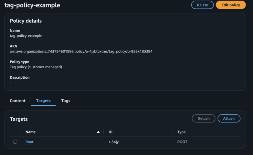 Figure 1: Screenshot showing organizational tag policy scope in the AWS Console