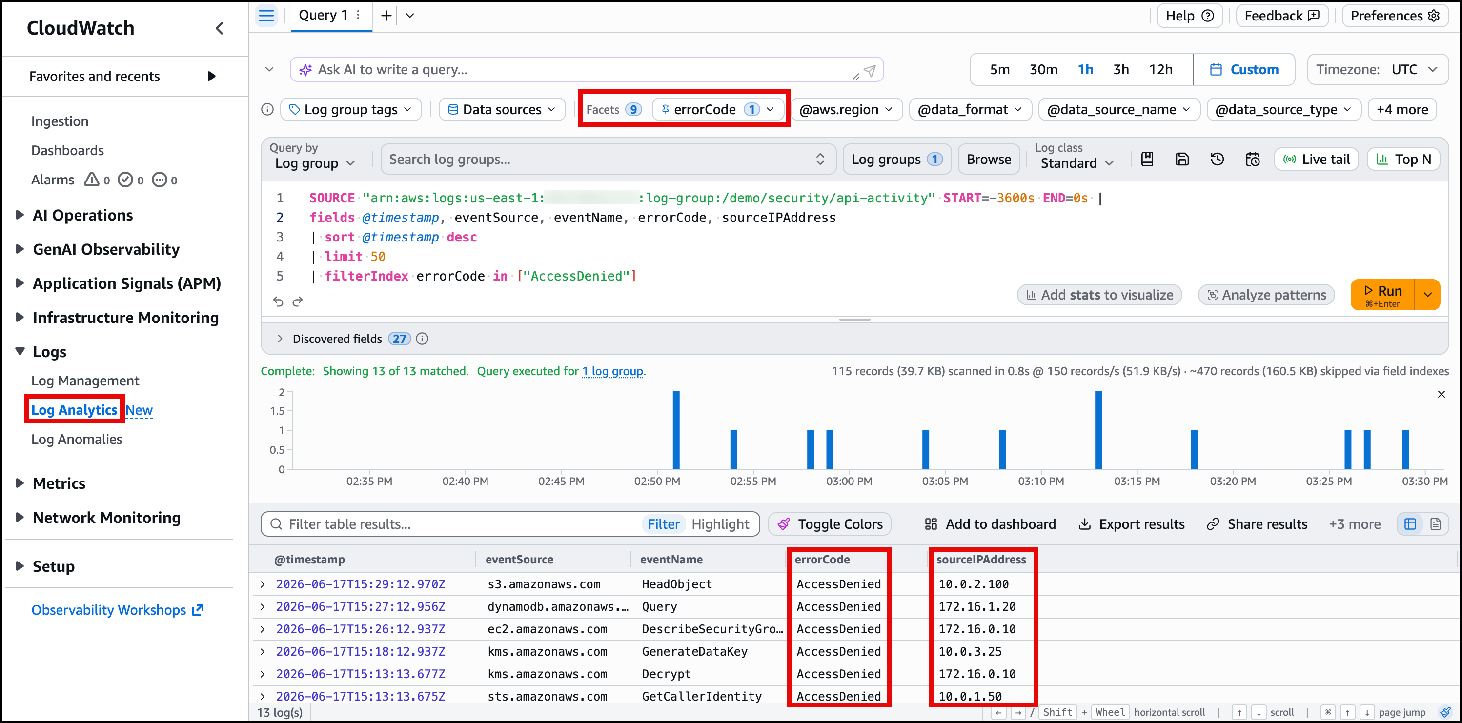 Figure 2: Facets showing errorCode distribution with AccessDenied selected as a filter