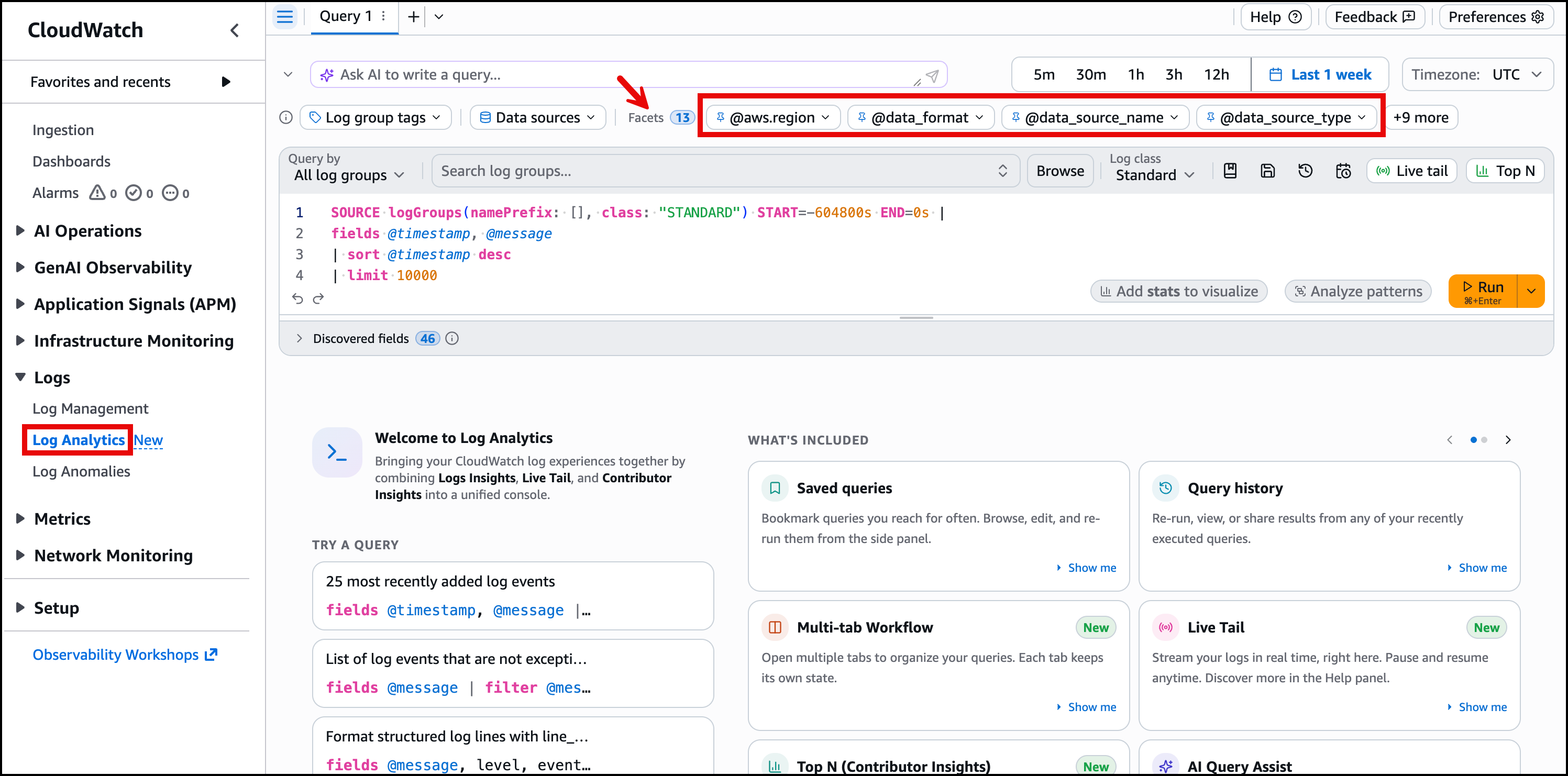 Figure 3: Default facets panel showing @aws.region, @data_format, @data_source_name, and @data_source_type