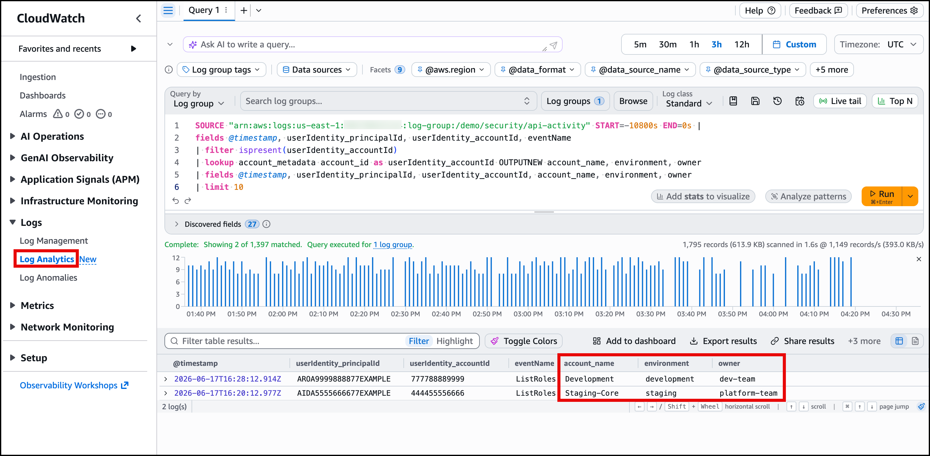 Figure 4: Lookup query results showing account_name and owner columns enriched from the CSV
