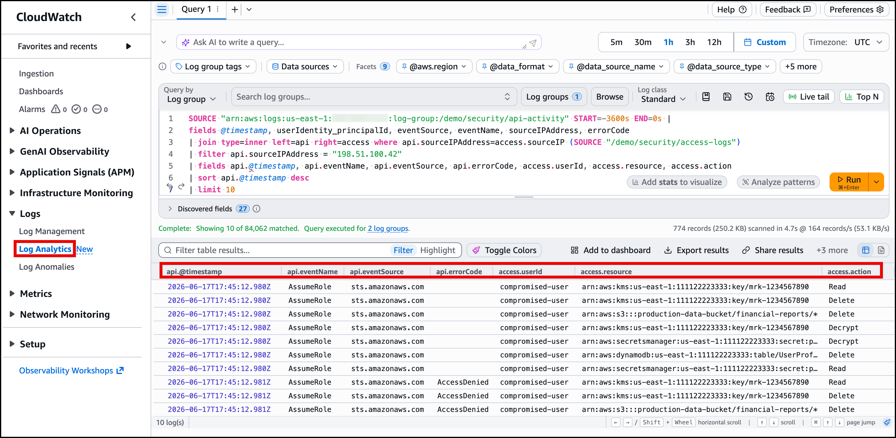 Figure 6: JOIN results showing API calls and resource access correlated by source IP