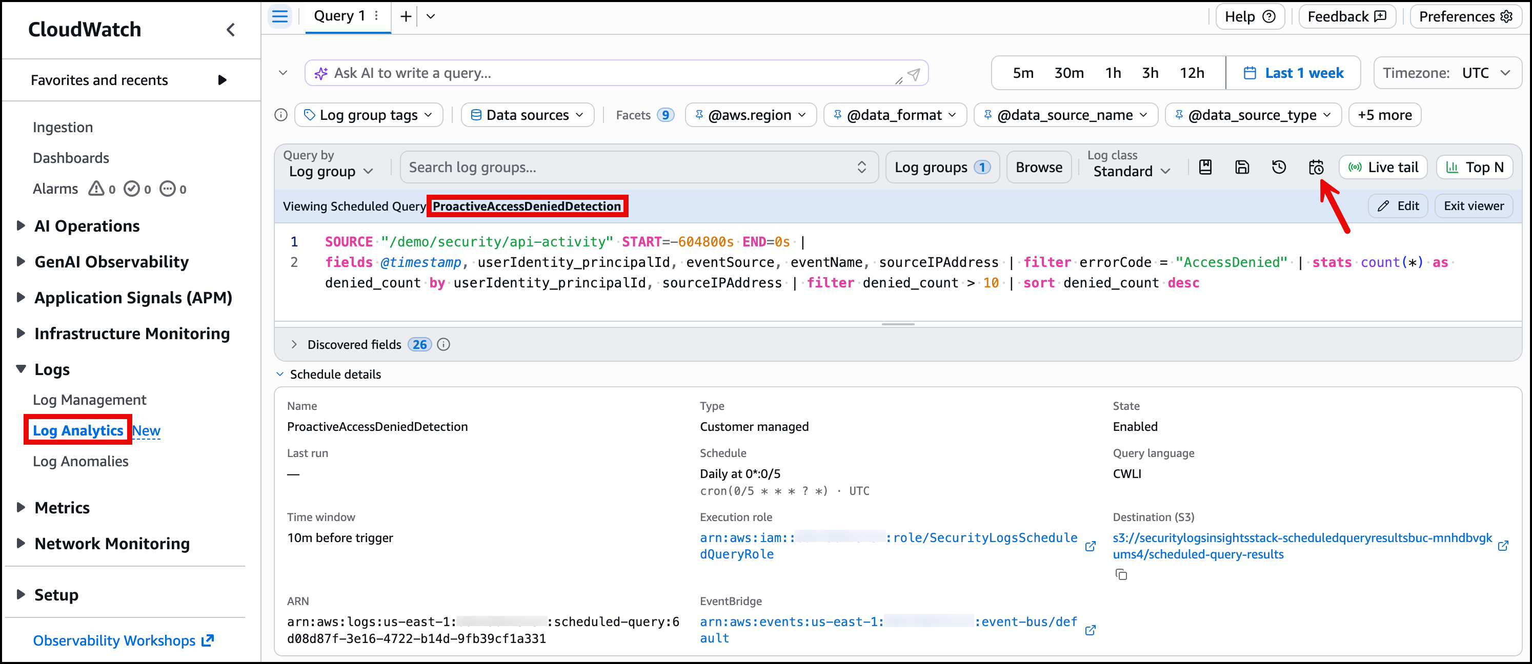 Figure 8: Scheduled query configuration in the CloudWatch console