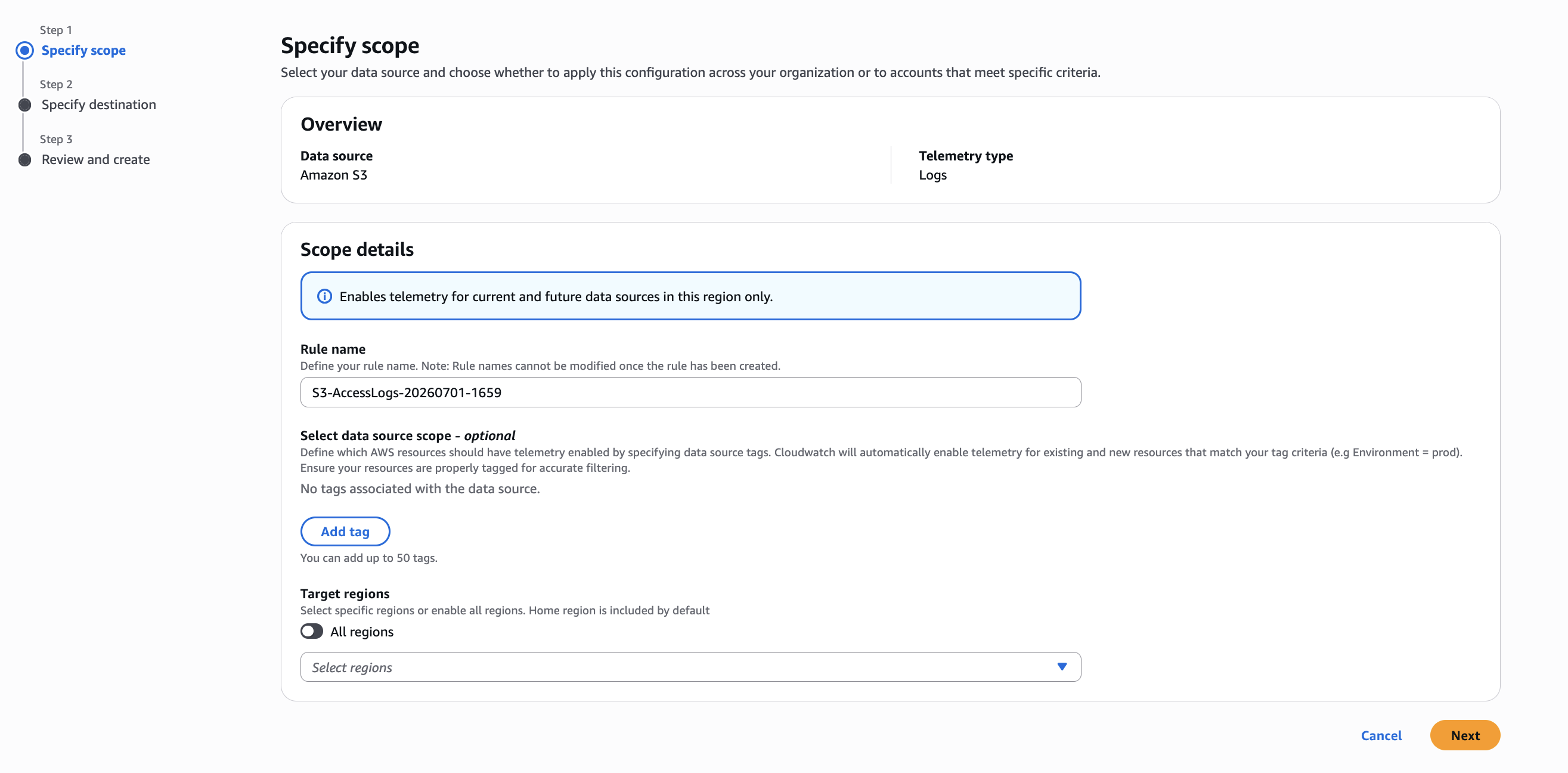 AWS Console screenshot showing the Specify scope configuration step for creating a CloudWatch Telemetry Enablement Rule with rule name and region selection options.
