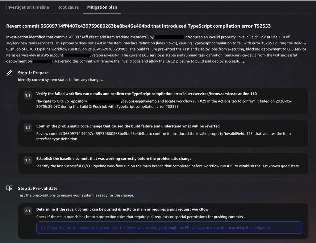 Screenshot of Mitigation plan tab showing step-by-step remediation plan with Prepare, Pre-validate, Run, and Verify phases for reverting the problematic commit.