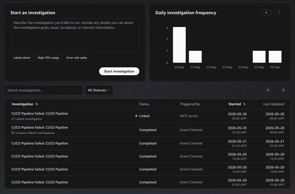 Screenshot of AWS DevOps Agent WebApp showing Incidents page with list of triggered CI/CD Pipeline Failures.