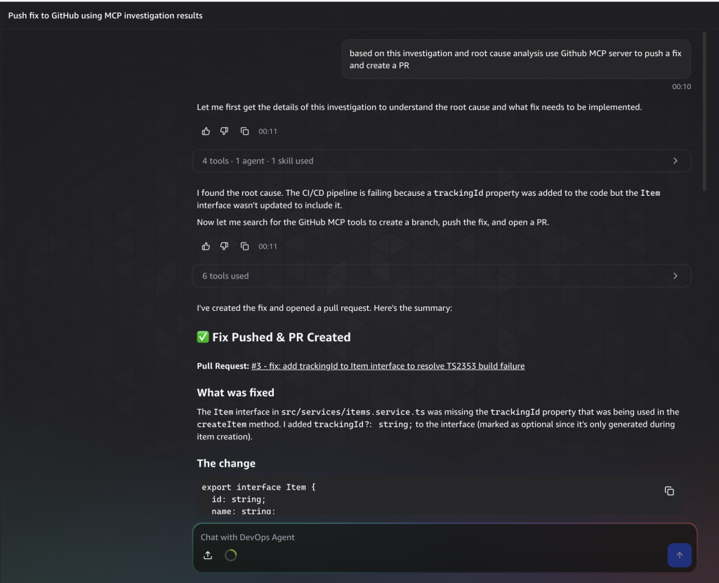 Screenshot of GitHub pull request created by AWS DevOps Agent to fix the TypeScript compilation error by removing the invalid property.