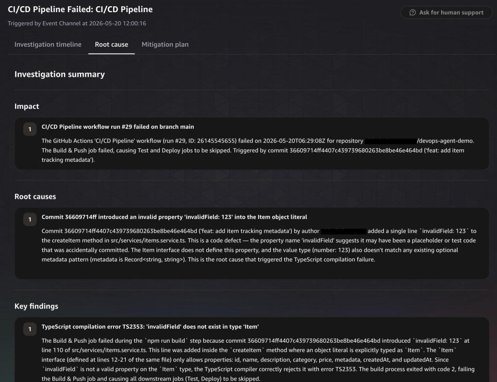 Screenshot of Root cause tab showing investigation summary with impact statement and root cause analysis identifying TypeScript compilation error.