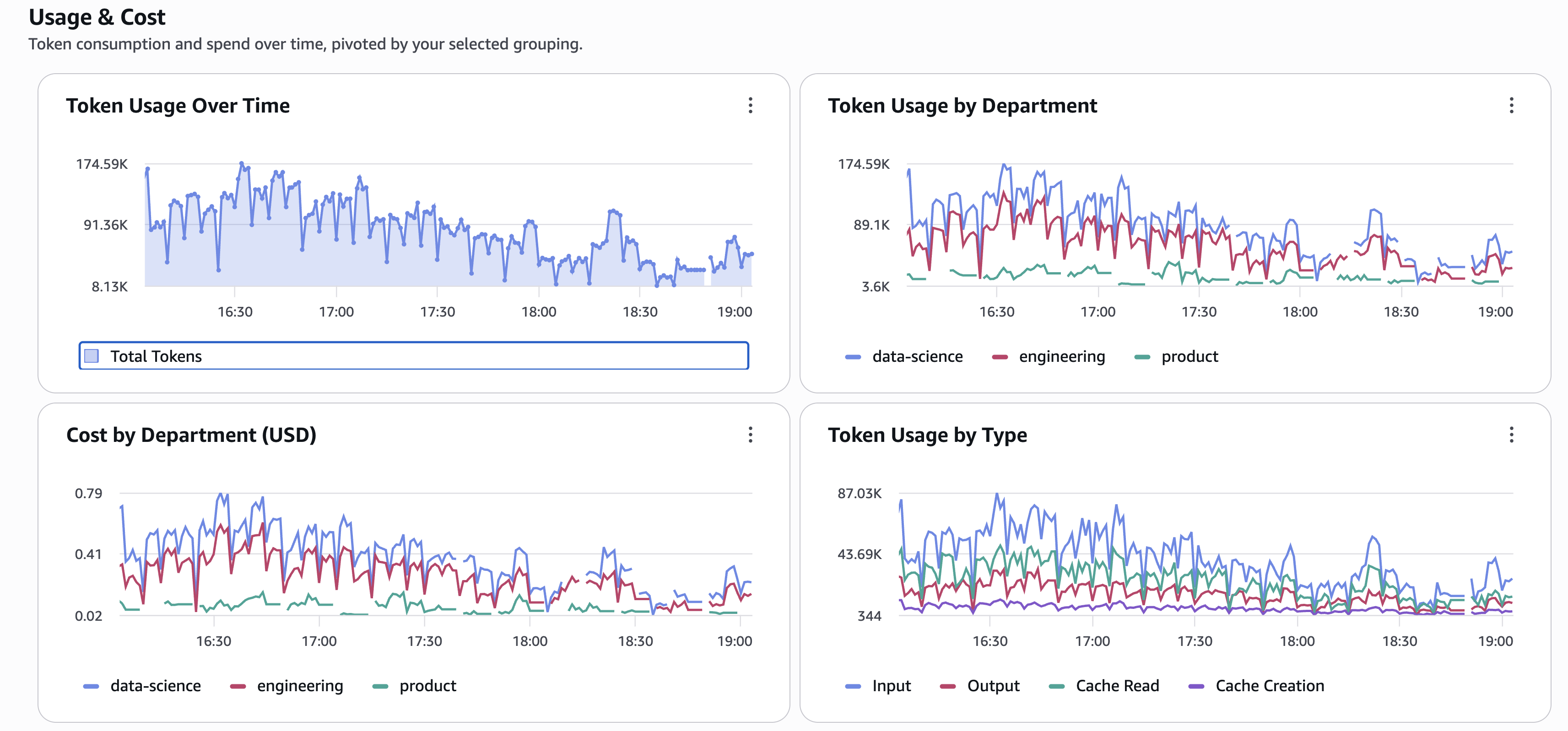 Usage and Cost section showing four panels: Token Usage Over Time, Token Usage by Department, Cost by Department in USD, and Token Usage by Type with input, output, cache read, and cache creation breakdowns