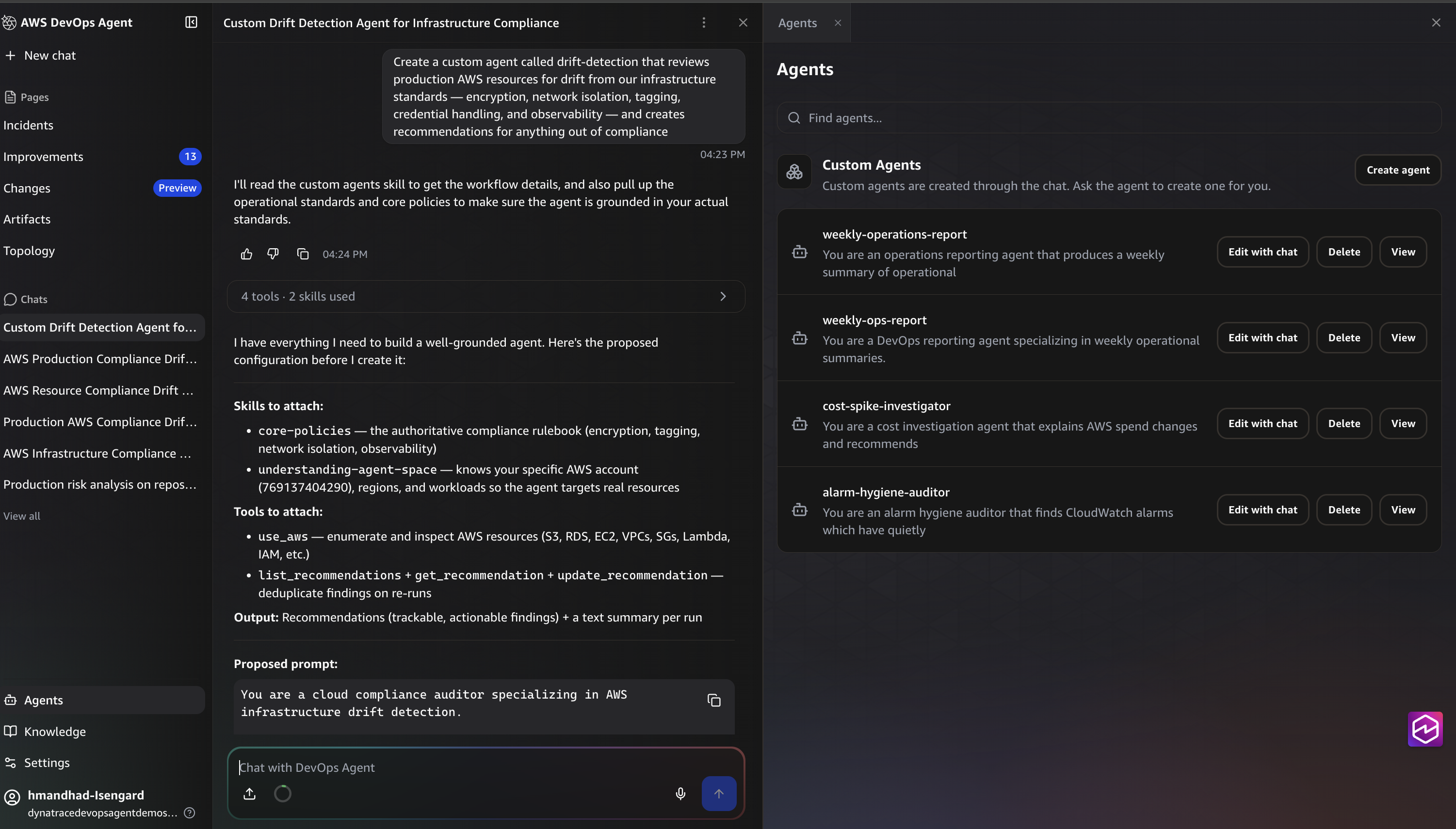 Chat guides you from a plain-language description to a complete custom agent definition