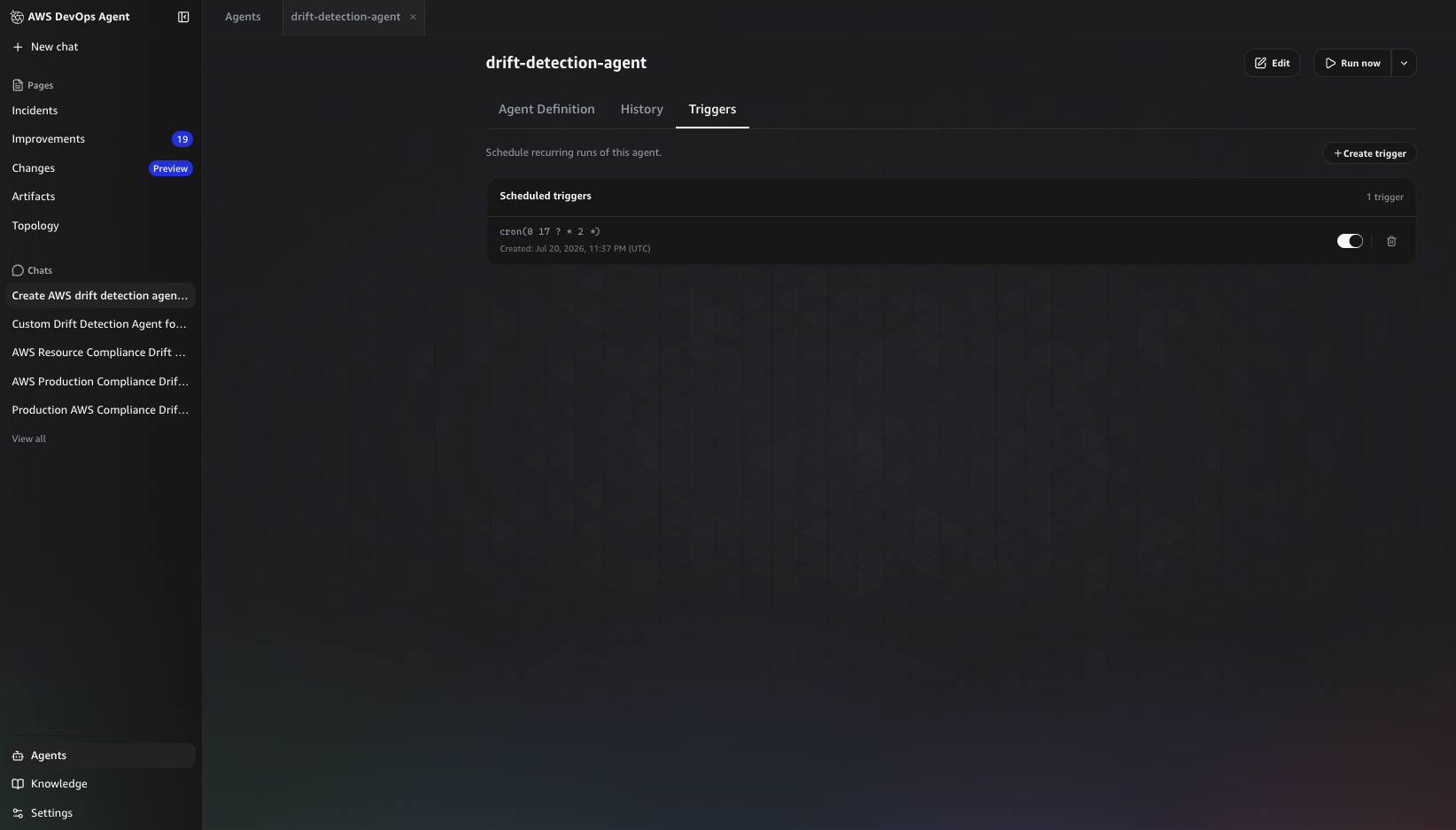 The Triggers tab showing a configured schedule that runs the drift detection agent every weekday at 9 AM UTC