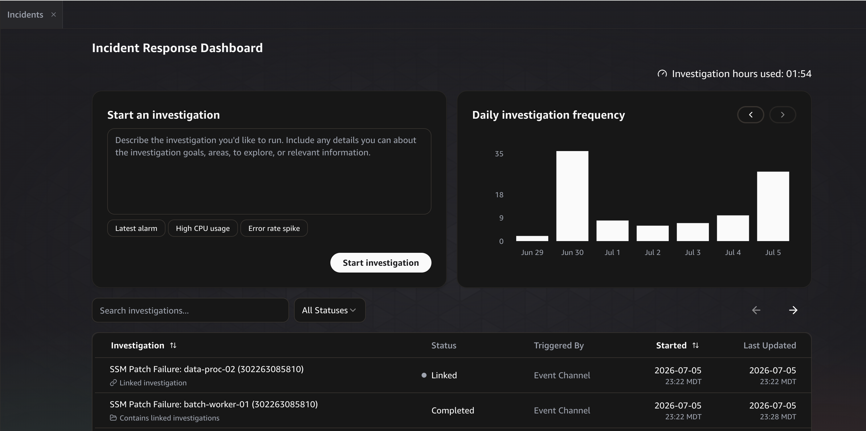 Incident Response Dashboard with linked patch failure investigations
