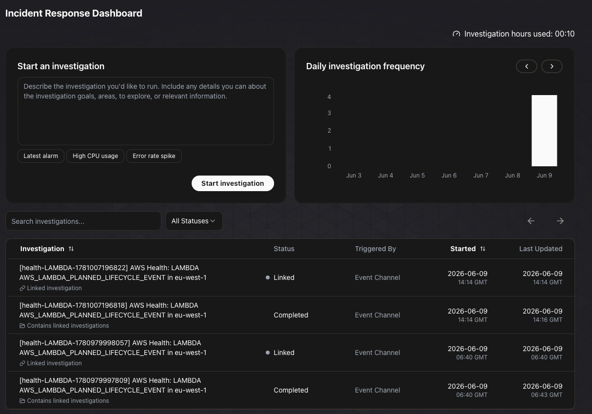 AWS DevOps Agent dashboard listing past and in-progress Health event investigations with their status.