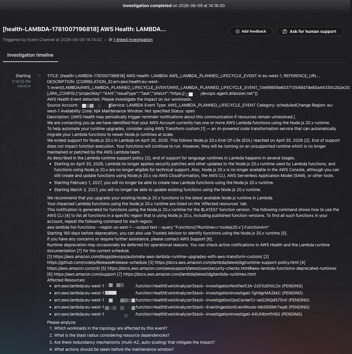 AWS DevOps Agent operator app showing an investigation starting for an AWS Health event.