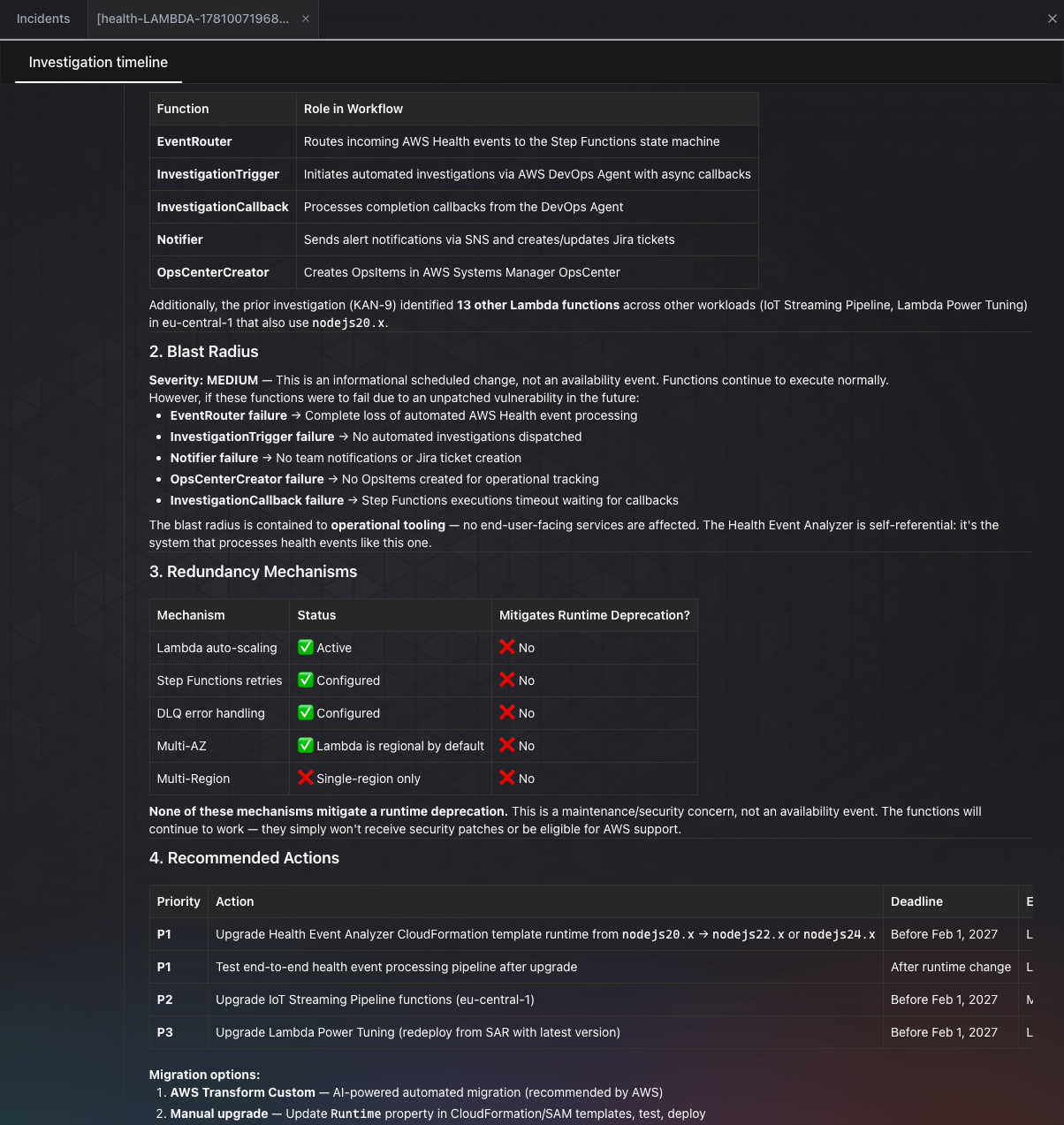AWS DevOps Agent investigation running the health-event impact-assessment skill, showing structured analysis against the application topology.