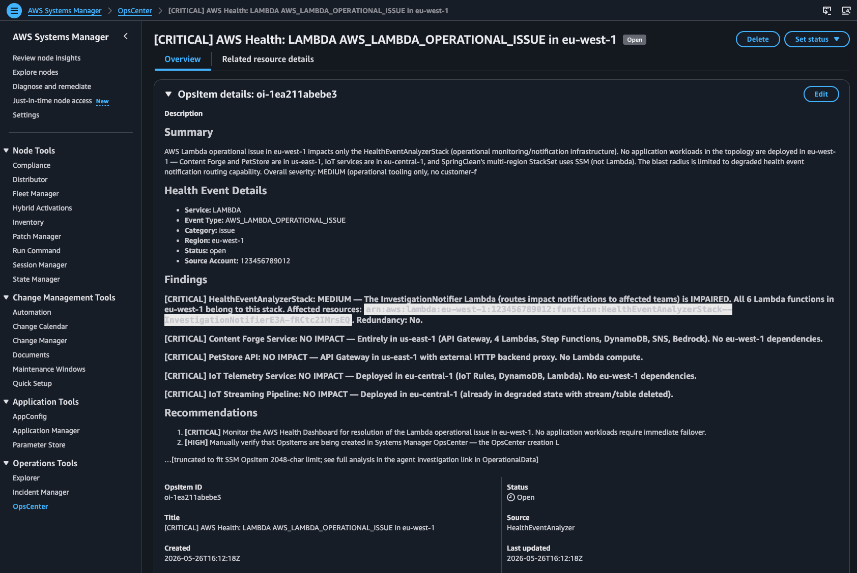 AWS Systems Manager OpsCenter OpsItem overview showing severity, summary, findings, and a link to the investigation.