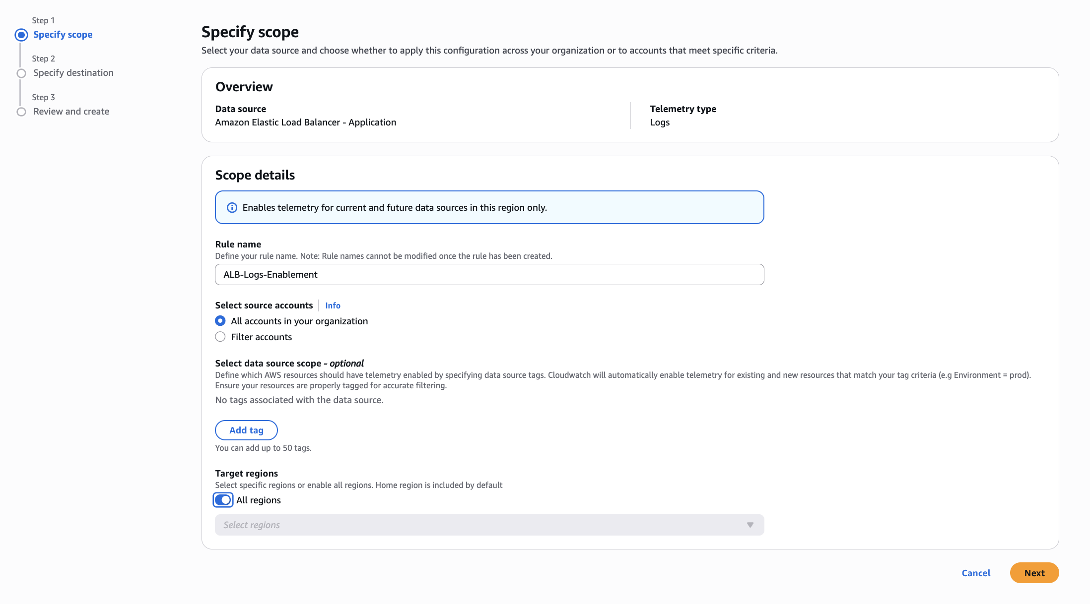 Step 1, Specify scope, with the rule name, source accounts, optional data source tags, and target Regions