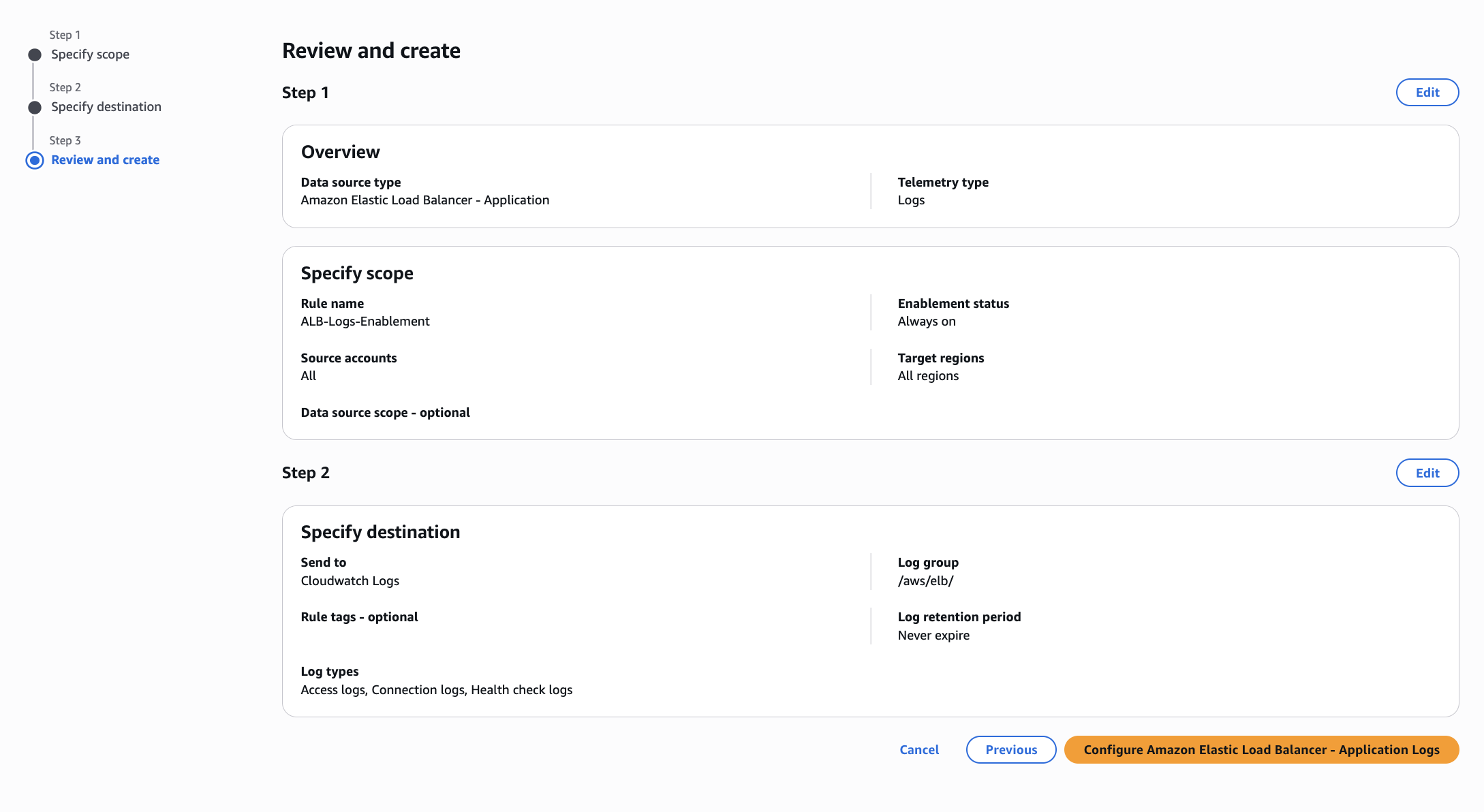 Step 3, Review and create, summarizing the rule name, source accounts, target Regions, CloudWatch Logs destination, and selected log types
