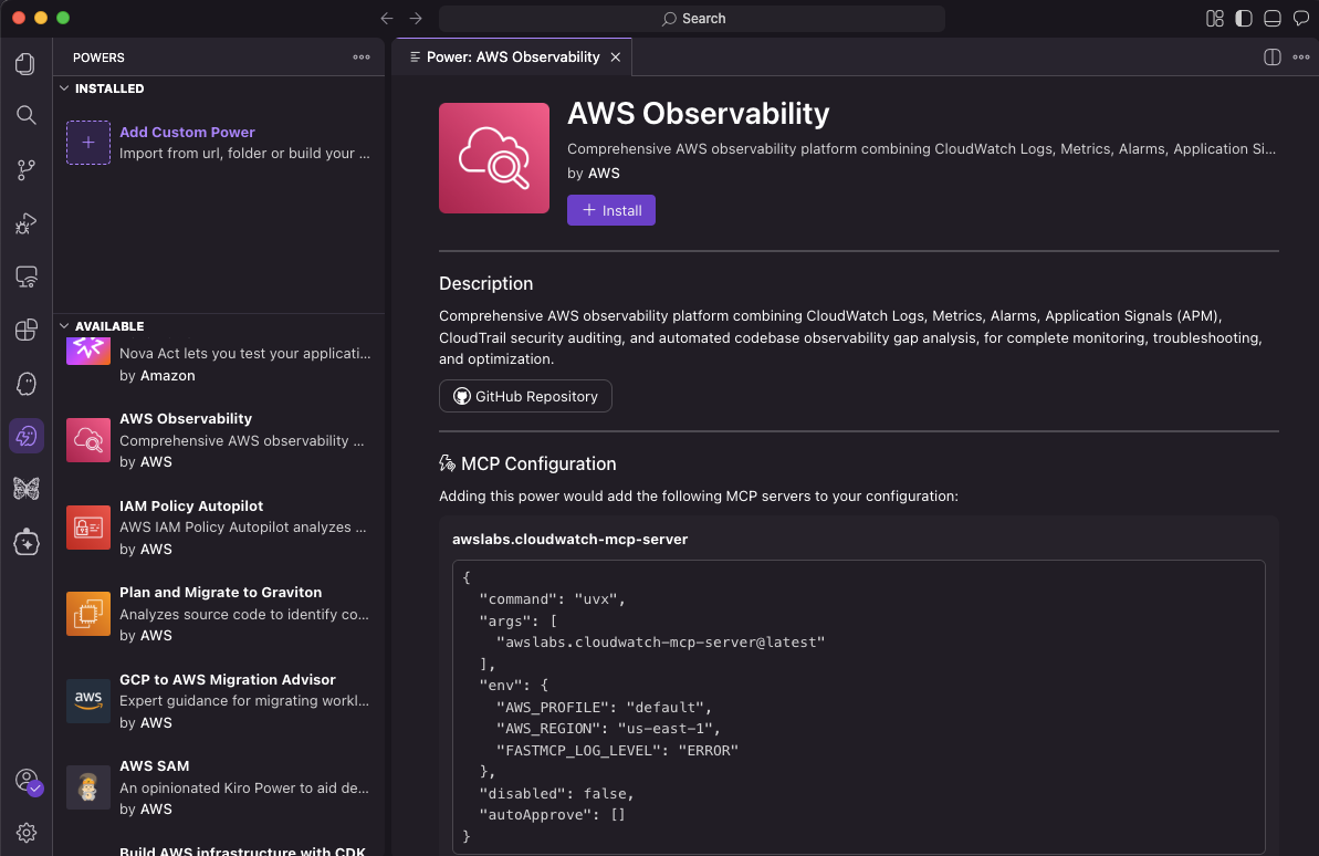AWS Observability power in the Kiro IDE Powers marketplace