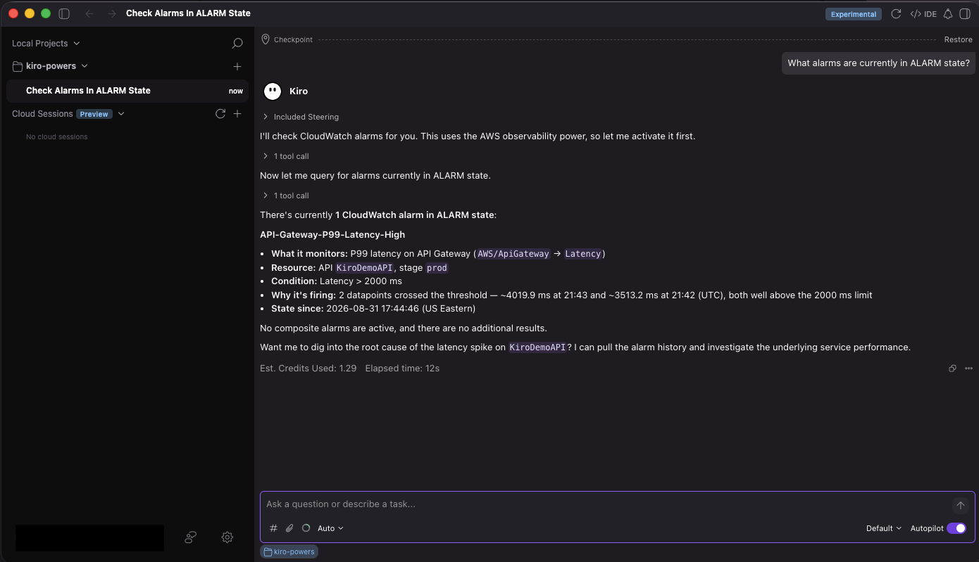 Kiro chat showing the firing P99 latency alarm