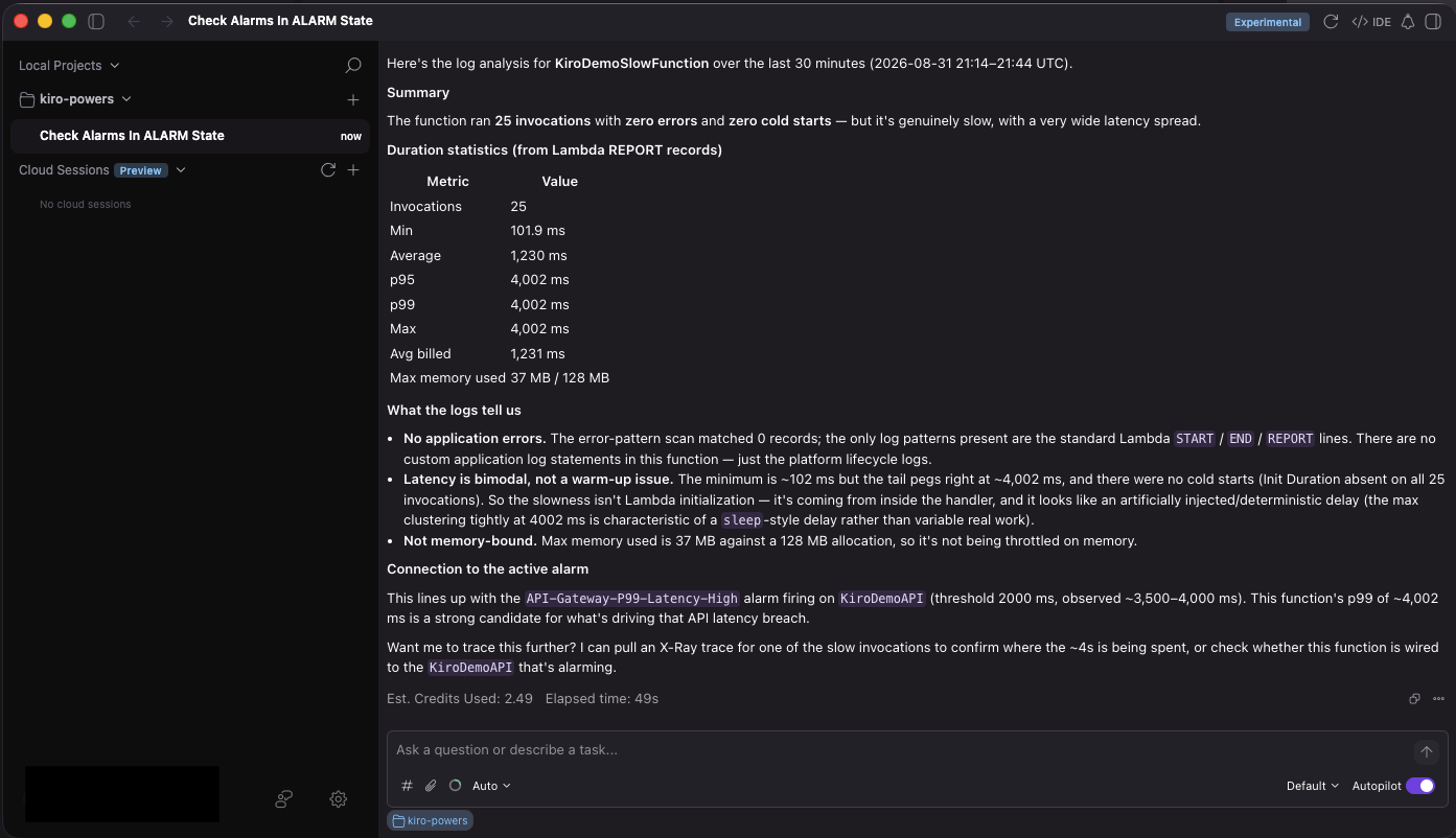 Kiro chat showing CloudWatch log analysis results