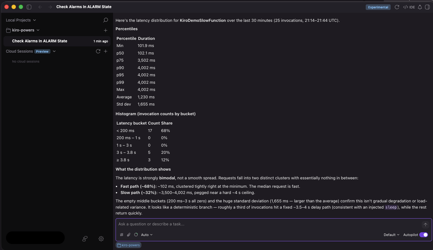 Kiro chat showing X-Ray traces and latency distribution