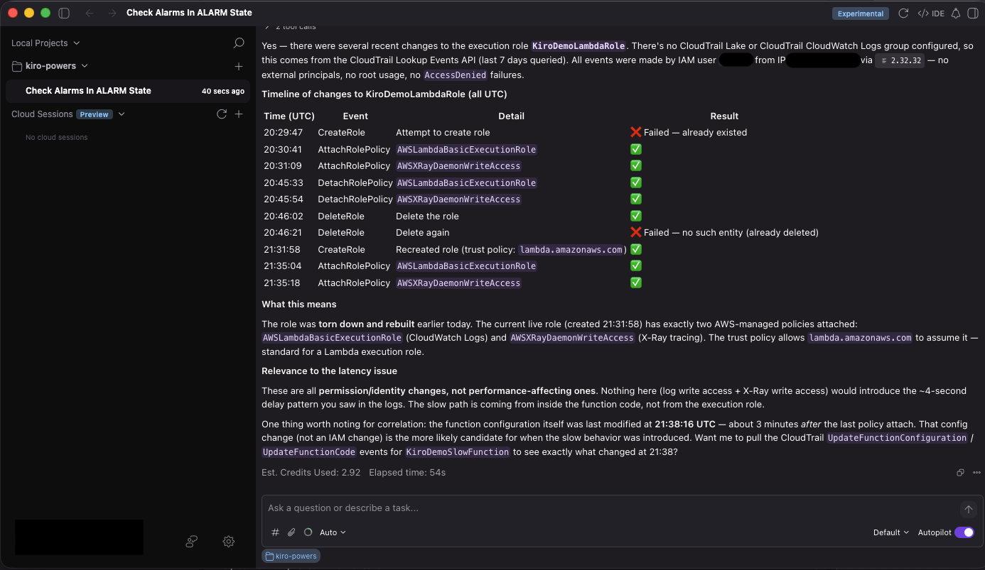 Kiro chat showing CloudTrail change events
