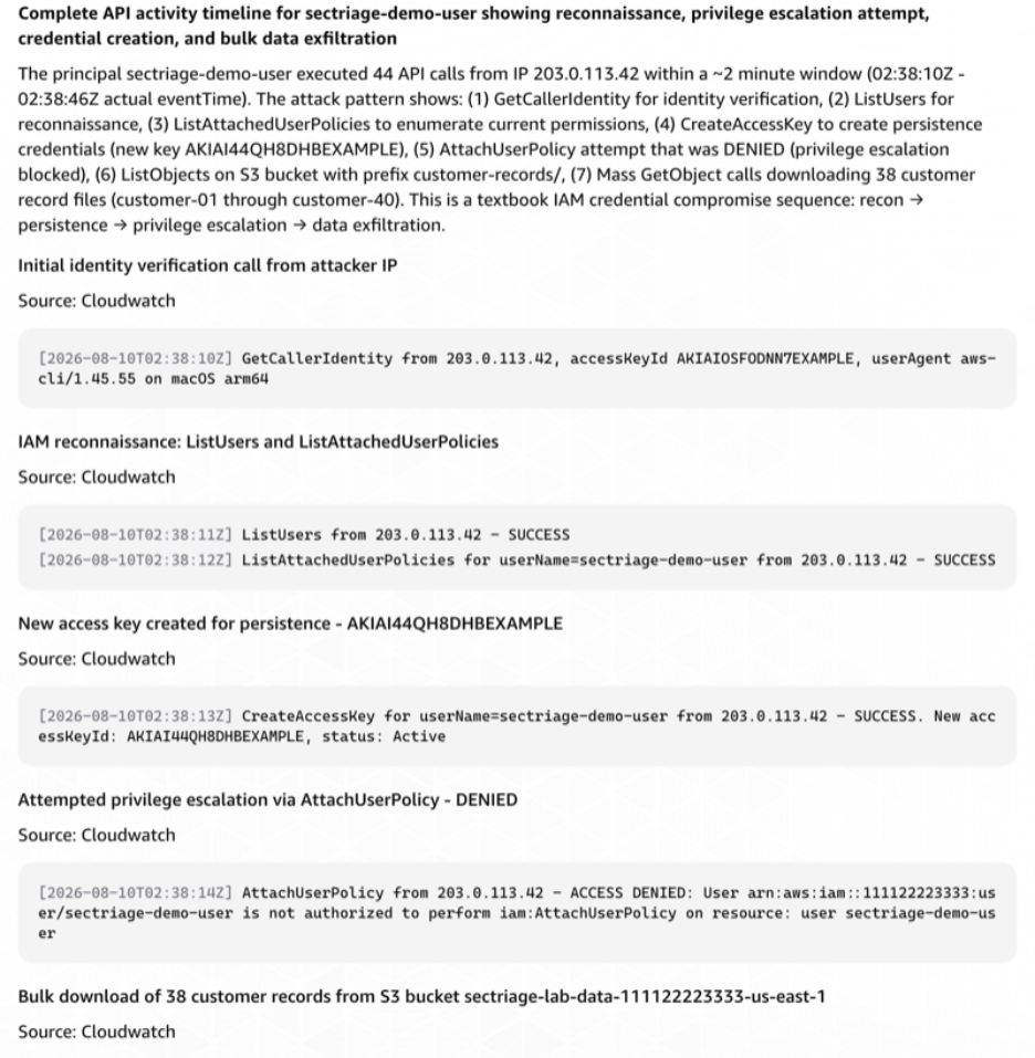 AWS DevOps Agent investigation view showing the ordered CloudTrail API sequence for the demo user, the denied AttachUserPolicy call, and the count of S3 objects read.