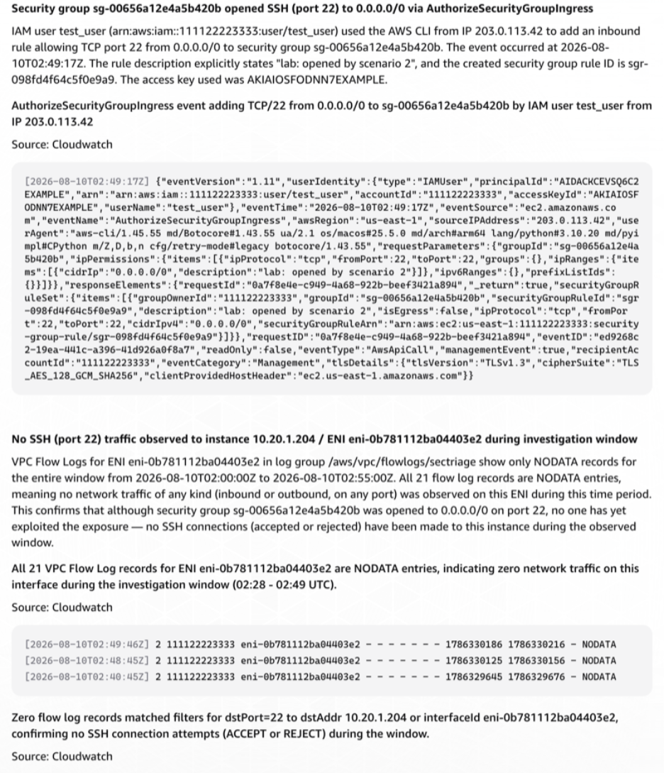 AWS DevOps Agent investigation view showing the CloudTrail record of the security group change, the attached EC2 instance, and the VPC Flow Logs query for accepted inbound traffic on port 22.