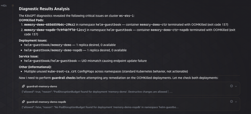 DevOps Agent showing the diagnostic results from k8sgpt