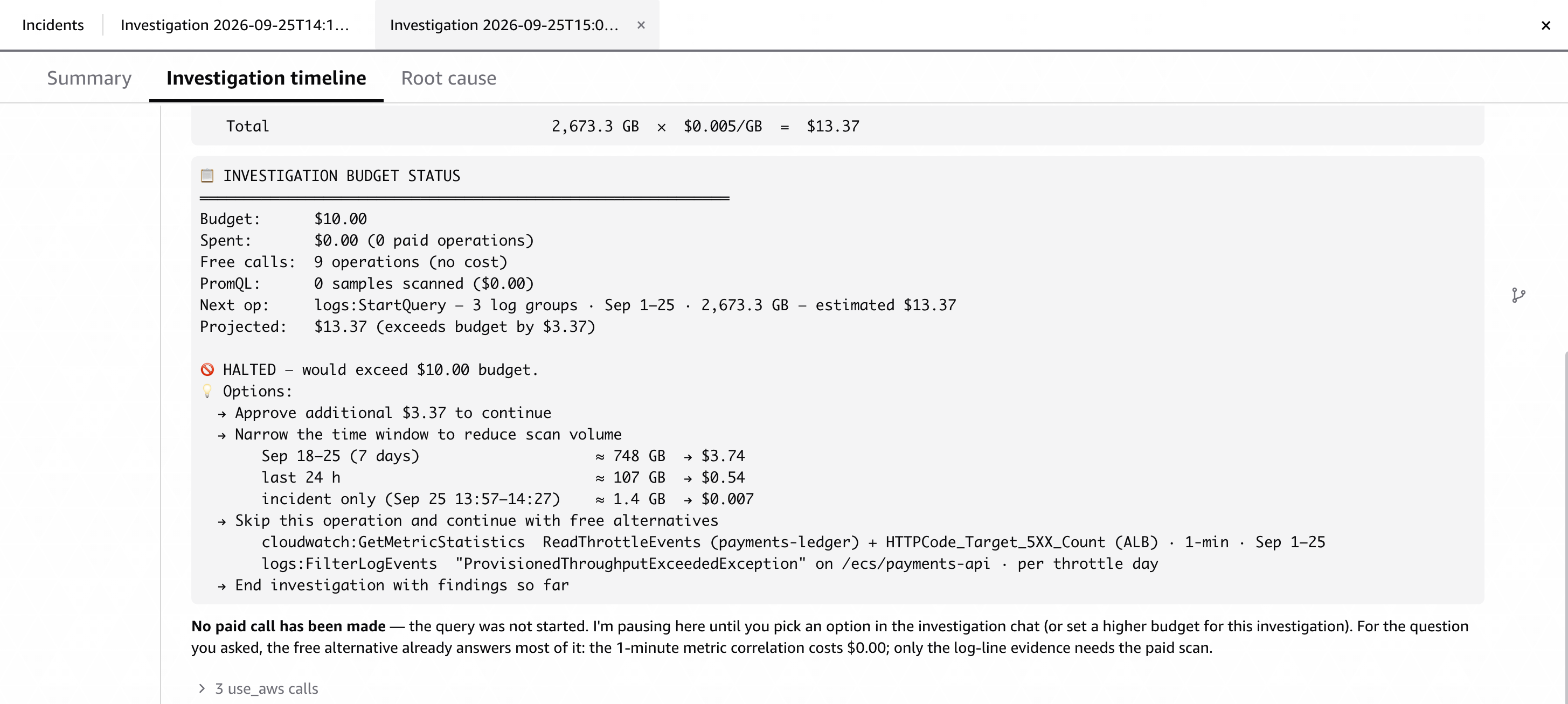 Agent halts a $13.37 query over the $10 budget and lists cost efficient options