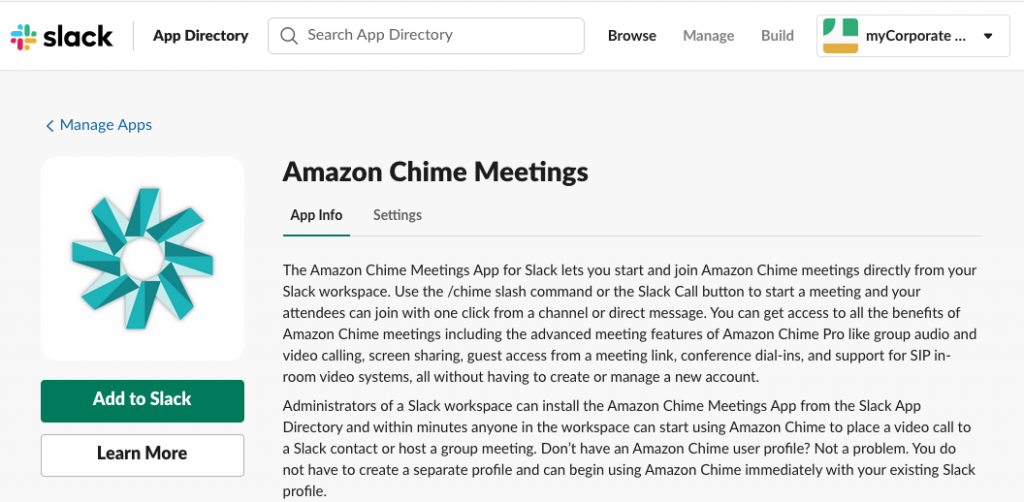 Slack Amazon Chime Meetings App Info page