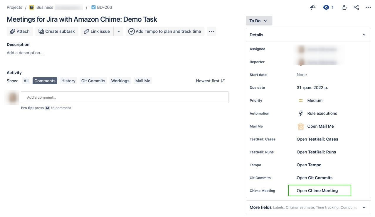 How to start a meeting with Meetings for Jira with Amazon Chime