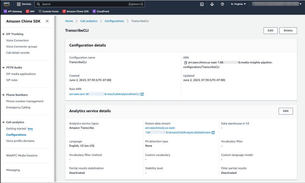 Amazon Chime SDK Console with Amazon Transcribe