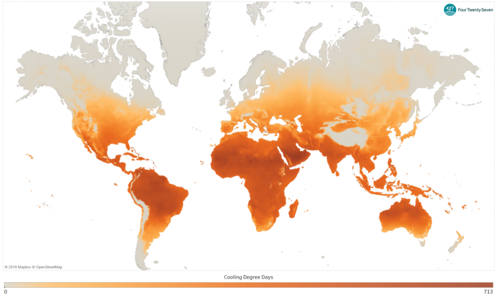 Projected increase in cooling degree days (CDD), or the additional number of degrees above 65˚F experienced per year relative to a historical baseline, derived from downscaled global climate models. The lightest areas are those with the least increase in cooling degree days, while the darkest areas are those projected to experience the highest increase in cooling degree days. Source: Four Twenty Seven.