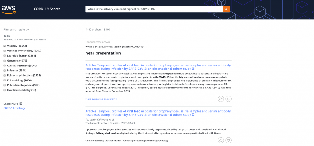 Sample results from CORD-19 Search