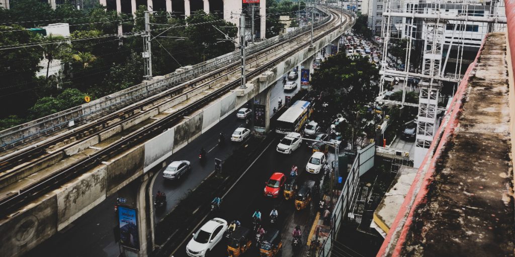 city traffic with train overpass