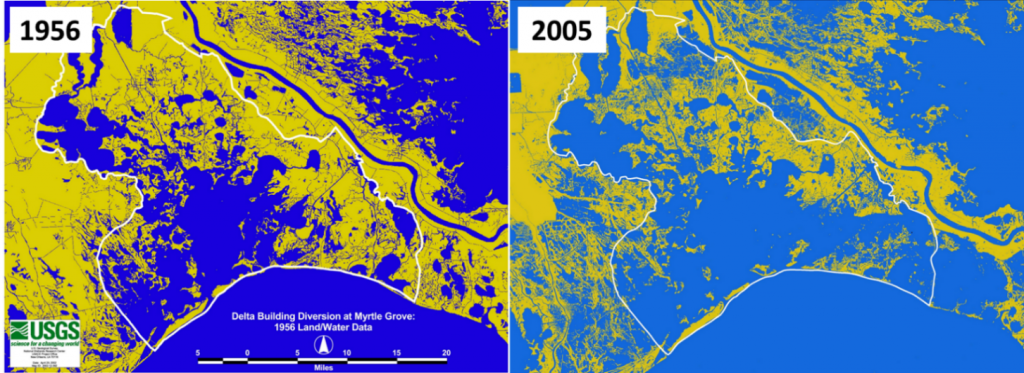 Land loss in Barataria Bay in Coastal Louisiana between 1956 and 2005 (Barras et al, 1994)