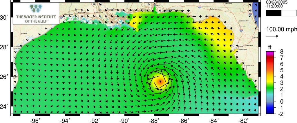 Simulation of Hurricane Katrina as it approaches the Louisiana coast in the ADCIRC model. Colors show the elevation of the ocean water caused by the tides, winds, and atmospheric pressures that occurred during the storm