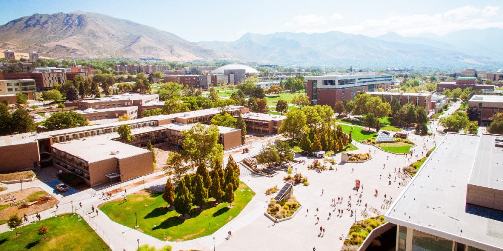 university campus with mountains in distance