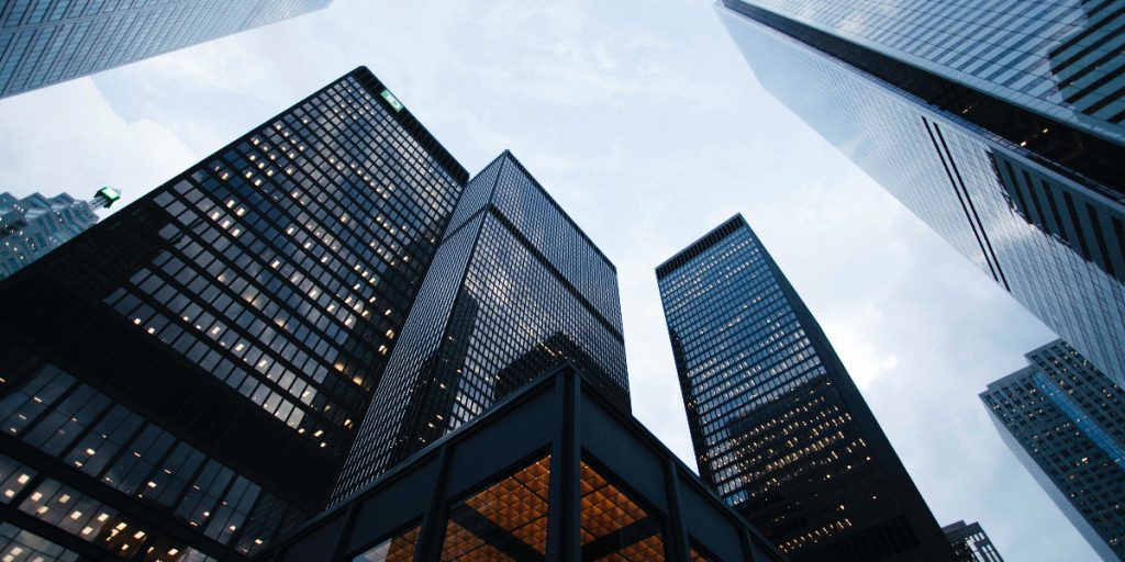 ground view of financial services buildings