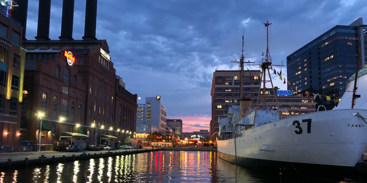 Baltimore harbor at sunset