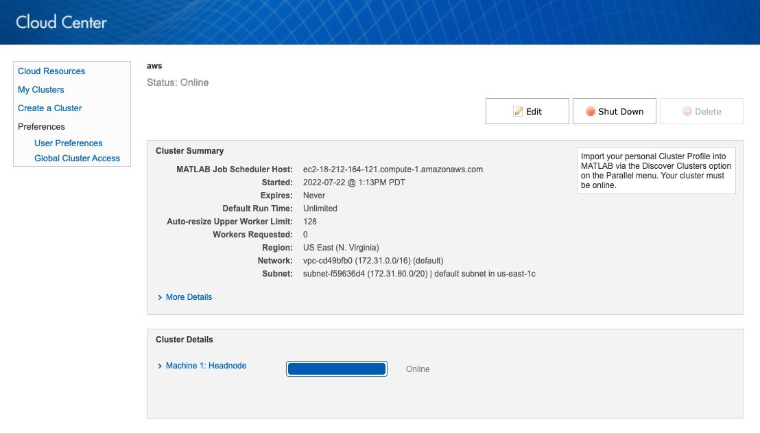 Figure 5. Cluster summary page on MathWorks Cloud Center.